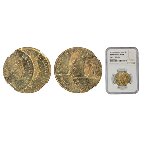 New Zealand, Elizabeth II, error, aluminium bronze 2 dollars, traces of triple struck on b