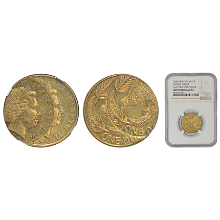 New Zealand, Elizabeth II, error, aluminium bronze 1 dollar, double struck on both sides. 