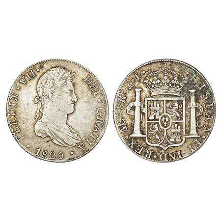 Peru, Ferdinand VII, silver 8 reales, 1820, 'LIMAE/JP' mintmark, KM 117.1, 26.68g. Obv: Dr