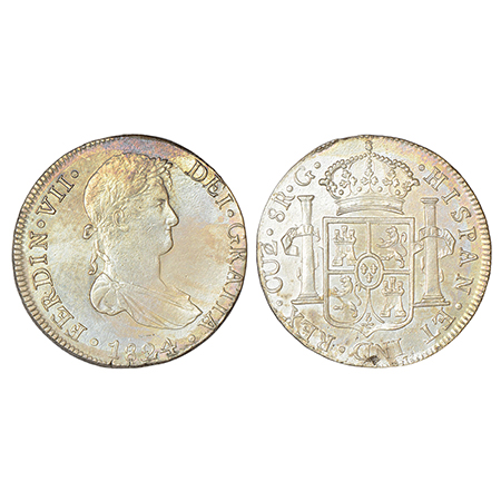 Peru, Ferdinand VII, silver 8 reales, 1824, 'CUZCO/G' mintmark, KM 117.2, 27.30g. Obv: Dra