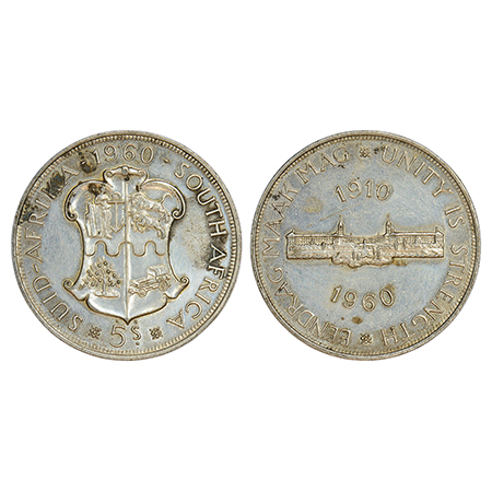 South Africa, Elizabeth II, half silver 5 shillings, 1960, KM 55, 28.21g. Sub: 50th Annive