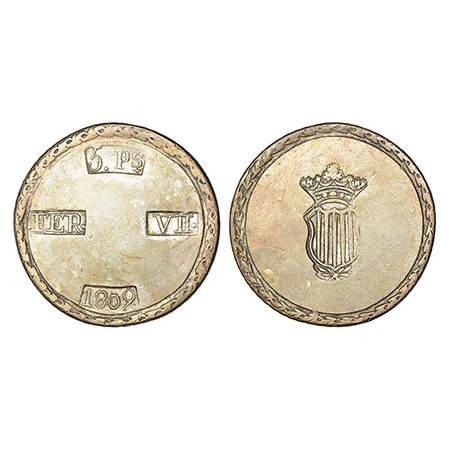 Spain, Lerida Province, Ferdinand VII, silver 5 pesetas, 1809, KM 10, 26.31g. Obv: 5 PS / 