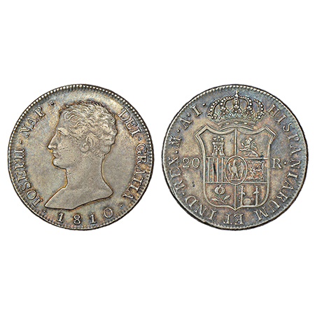 Spain, Joseph Napolean, silver 20 reales, 1810, 'Crowned M' mint mark, KM 551.2, 26.67g. O