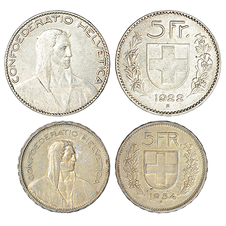 Switzerland, silver 5 francs (2), 1922, 24.85g, KM 37 and 1954, 14.98g, KM 40, 'B' mint ma