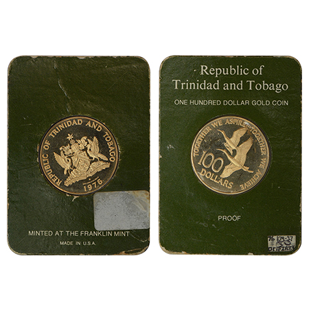 Trinidad and Tobago, Proof gold 100 dollars (50% gold), 1976, Franklin mint, KM 37. Obv: C