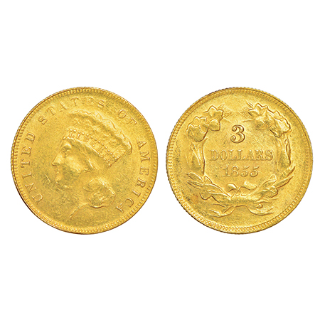 United States of America, gold 3 dollars, 1855, KM 84, 5.04g. Obv: Liberty's Indian head w