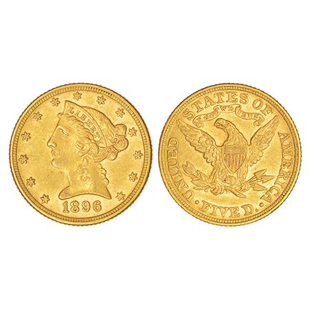 United States of America, gold 5 dollars, 1896, KM 101, 8.35g. Obv: Coronet head to left w