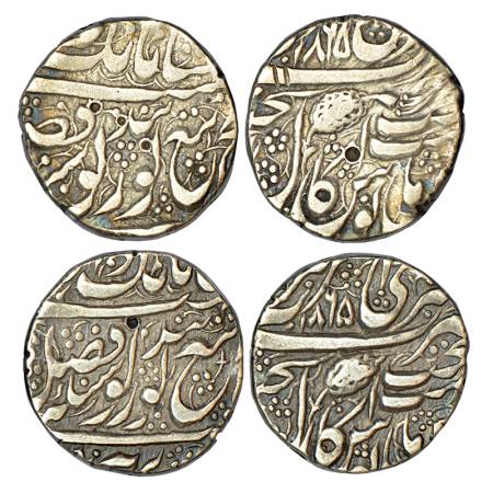 Sikh Empire, silver rupee (2), Amritsar mint, 'Nanak Shahi' couplet, VS 1865, G. Singh 01.