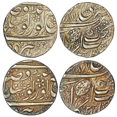 Sikh Empire, silver rupee (2), Amritsar mint, 'Nanak Shahi' couplet, VS 1877, G. Singh 01.