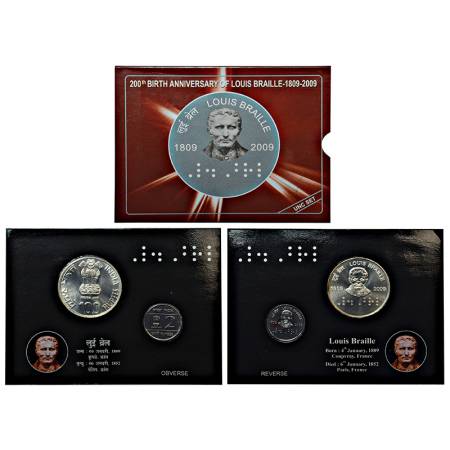2009, 200th Birth Anniversary of Louis Braille, UNC set of 2 coins, 100 rupees and 2 rupee
