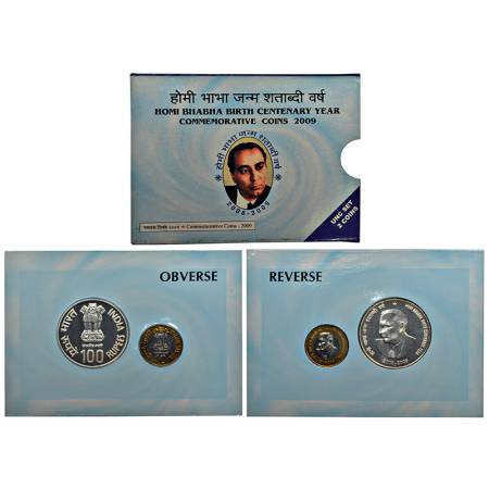 2009, Homi Bhabha Birth Centenary, UNC set of 2 coins, 100 rupees and 10 rupees, Mumbai mi