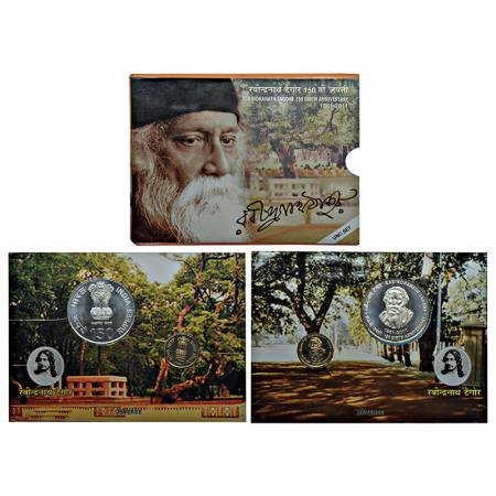 2011, 150th Birth Anniversary of Rabindranath Tagore, UNC set of 2 coins, 150 rupees and 5
