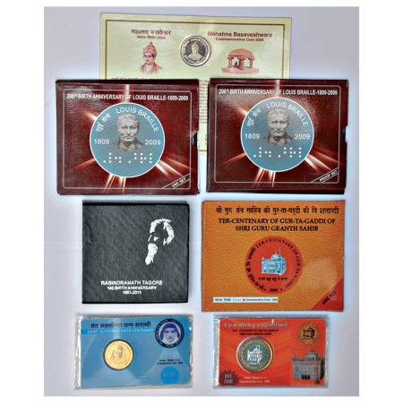 11 single coin set in mint packing, 2x Proof coins, 2006, Mahatma Basaveshwara- 5 rupees; 