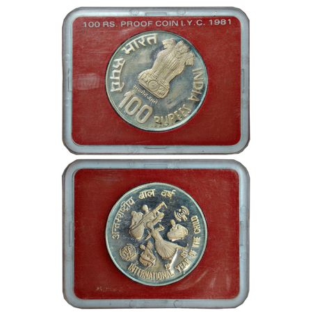 1981, International Year of the Child, single proof coin, 100 rupees, Bombay mint, RB 89, 