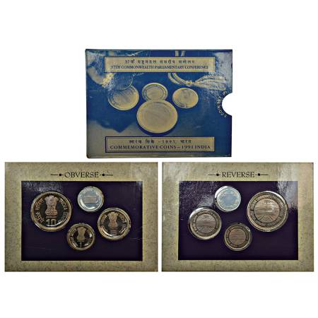 1991, 37th Commonwealth parliamentary conference, proof set of 3 coins, 10 rupees, 5 rupee