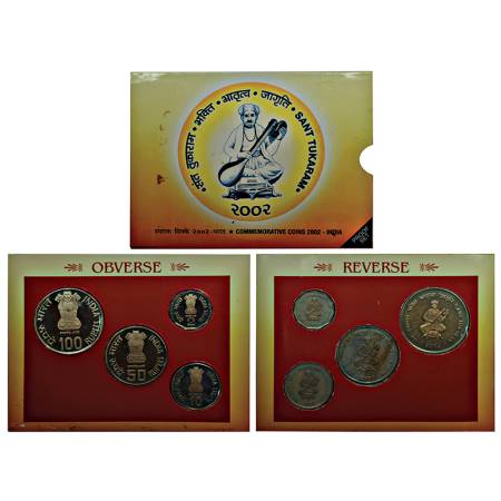 2002, Sant Tukaram, proof set of 4 coins, 100 rupees, 50 rupees, 10 rupees and 2 rupees, K