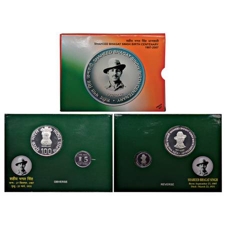 2007, Shaheed Bhagat Singh birth Centenary, proof set of 2 coins, 100 rupees and 5 rupees,