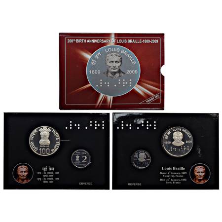 2009, 200th Birth Anniversary of Louis Braille, proof set of 2 coins, 100 rupees and 2 rup