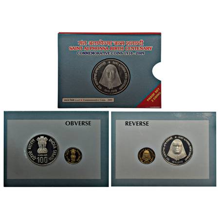 2009, Saint Alphonsa Birth Centenary, proof set of 2 coins, 100 rupees and 5 rupees, Mumba