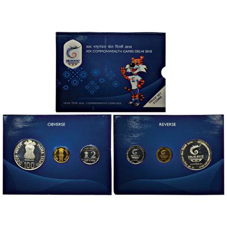 2010, XIX Commonwealth Games, proof set of 3 coins, 100 rupees, 5 rupees and 2 rupees, Kol