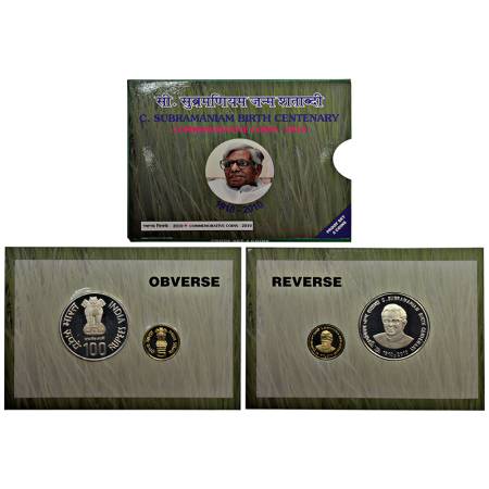 2010, C. Subramaniam Birth Centenary, proof set of 2 coins, 100 rupees and 5 rupees, Mumba