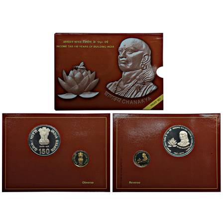 2010, Income Tax-150th Years of Building India, Chankya, proof set of 2 coins, 150 rupees 