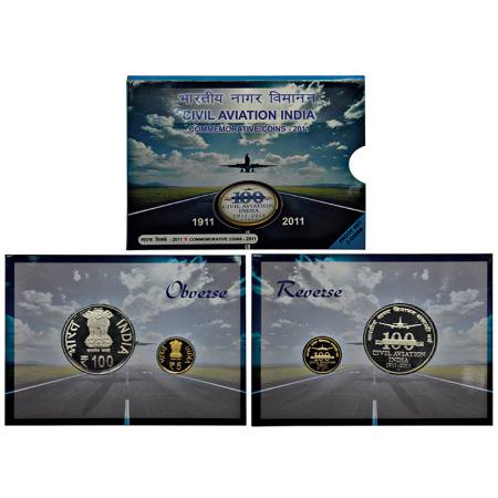 2011, Civil Aviation India, proof set of 2 coins, 100 rupees and 5 rupees, Mumbai mint, in