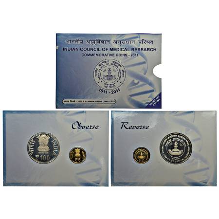 2011, Indian Council of Medical Research, proof set of 2 coins, 100 rupees and 5 rupees, M