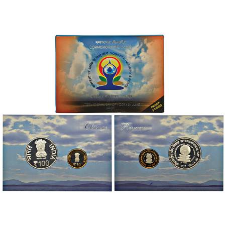 2015, International Day of Yoga- 21 June, proof set of 2 coins, 100 rupees and 10 rupees, 