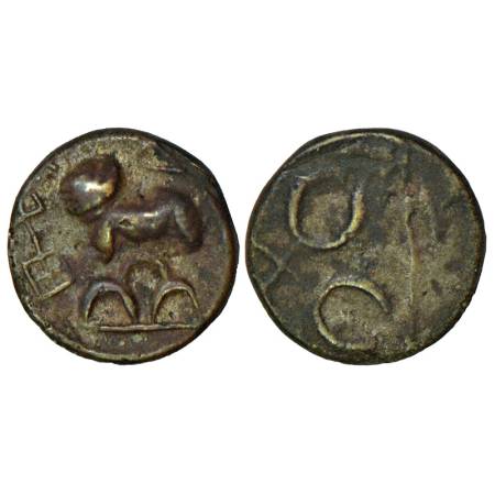Satavahanas, alloyed copper coin of Siri Satakani (50 BC), 'Lioness' type, Junnar area, 2.