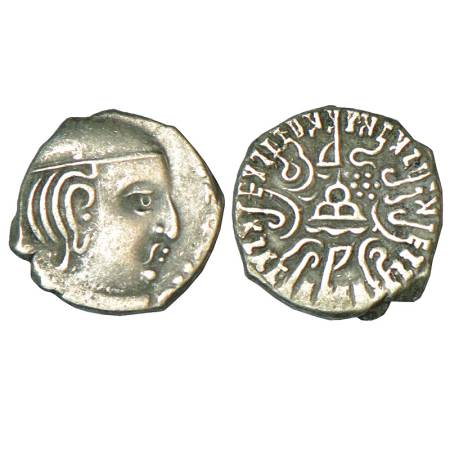 Western Kshatrapas, Karddamaka dynasty, silver drachm of Swami Rudrasimha III (c.385-415 A