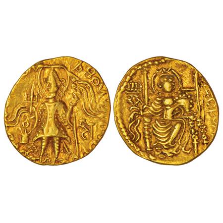 Kushans, Vasudeva II (275-300 AD), gold dinar, 7.72g. Obv: Crowned diademed king standing 