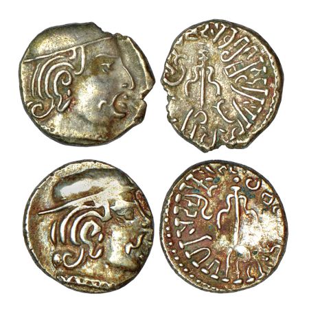 Sharwa Bhattarak of Vallabhi (5 -6 century AD), silver dracham (2), 1.82g & 1.84g. Obv: Bu