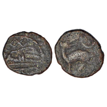 Kingdom of Travancore (16 century AD), copper unit, BS161.4, 0.85g. Obv: God Vishnu reclin