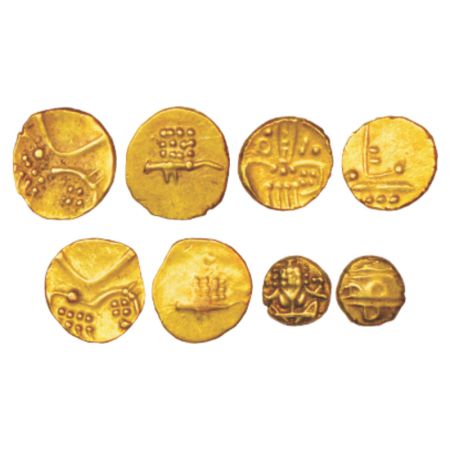 Gold fanam (4), 3x Coorg, Veera Raya, 0.37g, 0.38g and 0.38g. Obv: Stylized lion. Rev: Cro