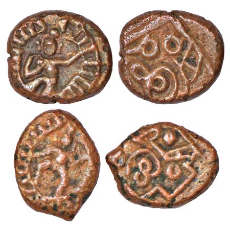 Nayakas of Madurai - two copper cash coins of Queen Mangamma (1690-1730 AD), not listed in