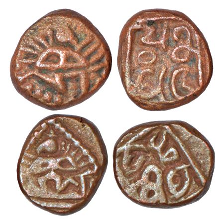 Nayakas of Madurai - two copper cash coins of Queen Mangamma (1690-1730 AD), not listed in
