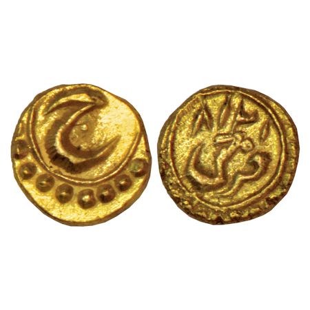 Mysore, Tipu Sultan (1782-1799 AD), gold fanam, Farrukhi mint, AM 1218, Persian 'He' on ob