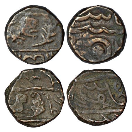 Indore, Vagh Rajas (1740-1817 AD), copper paisa (2), Mahidpur mint, 13.48g and 13.87g. Obv