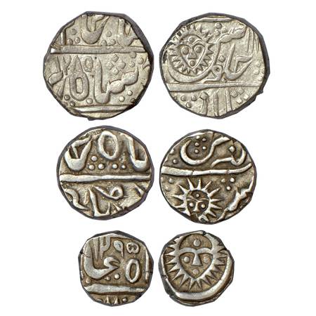 Indore, set of 3 silver coins, Malharnagar mint, rupee, AH 1285, 11.20g; ½ rupee, ND, 5.59