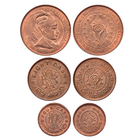 Travancore, Bala Rama Varma II, set of 3 copper coins, 1x chuckram, 7.78g, 1x 8 cash, 3.90