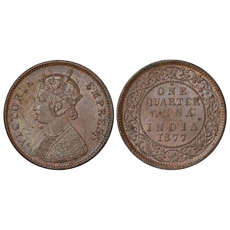 Victoria Empress, copper ¼ anna, 1877, Calcutta mint, PR 611, GK 829, 6.68g. Extremely fin