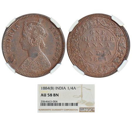 Victoria Empress, copper ¼ anna, 1884, Bombay mint, B/I/no mint mark, PR 640, GK 838. Grad