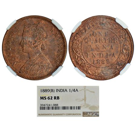 Victoria Empress, copper ¼ anna, 1889, Bombay mint, B/I/no mint mark, PR 644, GK 847. Grad