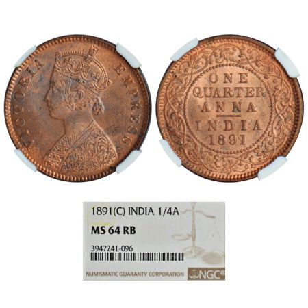 Victoria Empress, copper ¼ anna, 1891, Calcutta mint, B/II/no mint mark, PR 624, GK 850. G