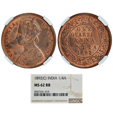 Victoria Empress, copper ¼ anna, 1892, Calcutta mint, B/II/no mint mark, PR 625, GK 851. G