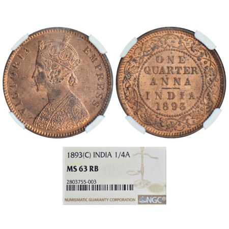 Victoria Empress, copper ¼ anna, 1893, Calcutta mint, B/II/no mint mark, PR 626, GK 852. G