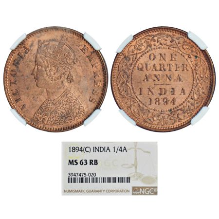 Victoria Empress, copper ¼ anna, 1894, Calcutta mint, B/II/no mint mark, PR 627, GK 853. G