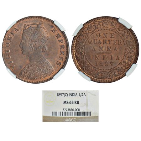 Victoria Empress, copper ¼ anna, 1897, Calcutta mint, B/II/no mint mark, PR 630, GK 856. G