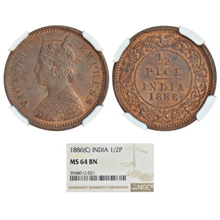 Victoria Empress, copper ½ pice, 1886, Calcutta mint, A/I/no mint mark, PR 718, GK 865. Gr